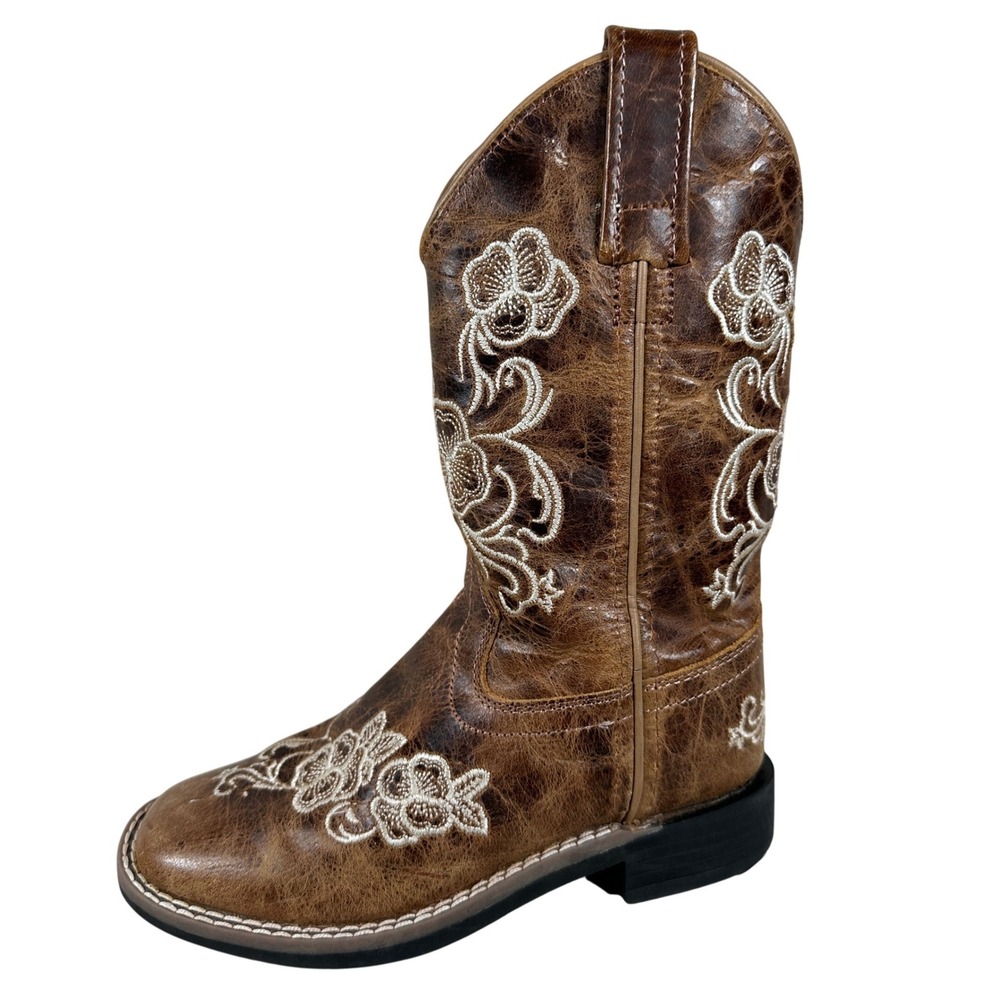 Shyanne Girls Brown Leather Floral Embroidered Western Cowboy Boots Square 12D